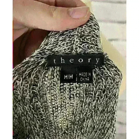 Theory Womens Size M Black White Long Sleeve Open Cardigan Linen Front Pockets - Picture 3 of 5